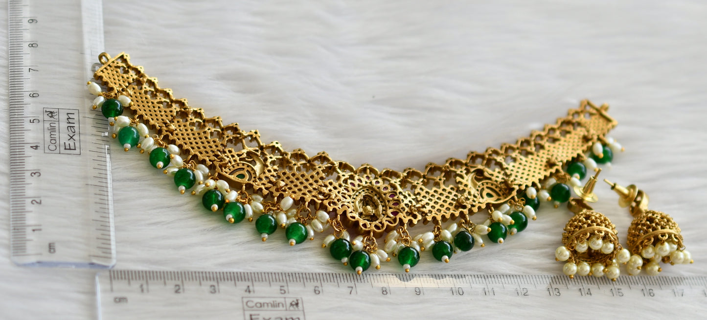 Matte finish kemp-green-white green beaded lakshmi peacock choker necklace set dj-44343