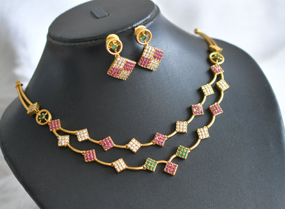 Matte finish ruby-green-white square necklace set dj-44334