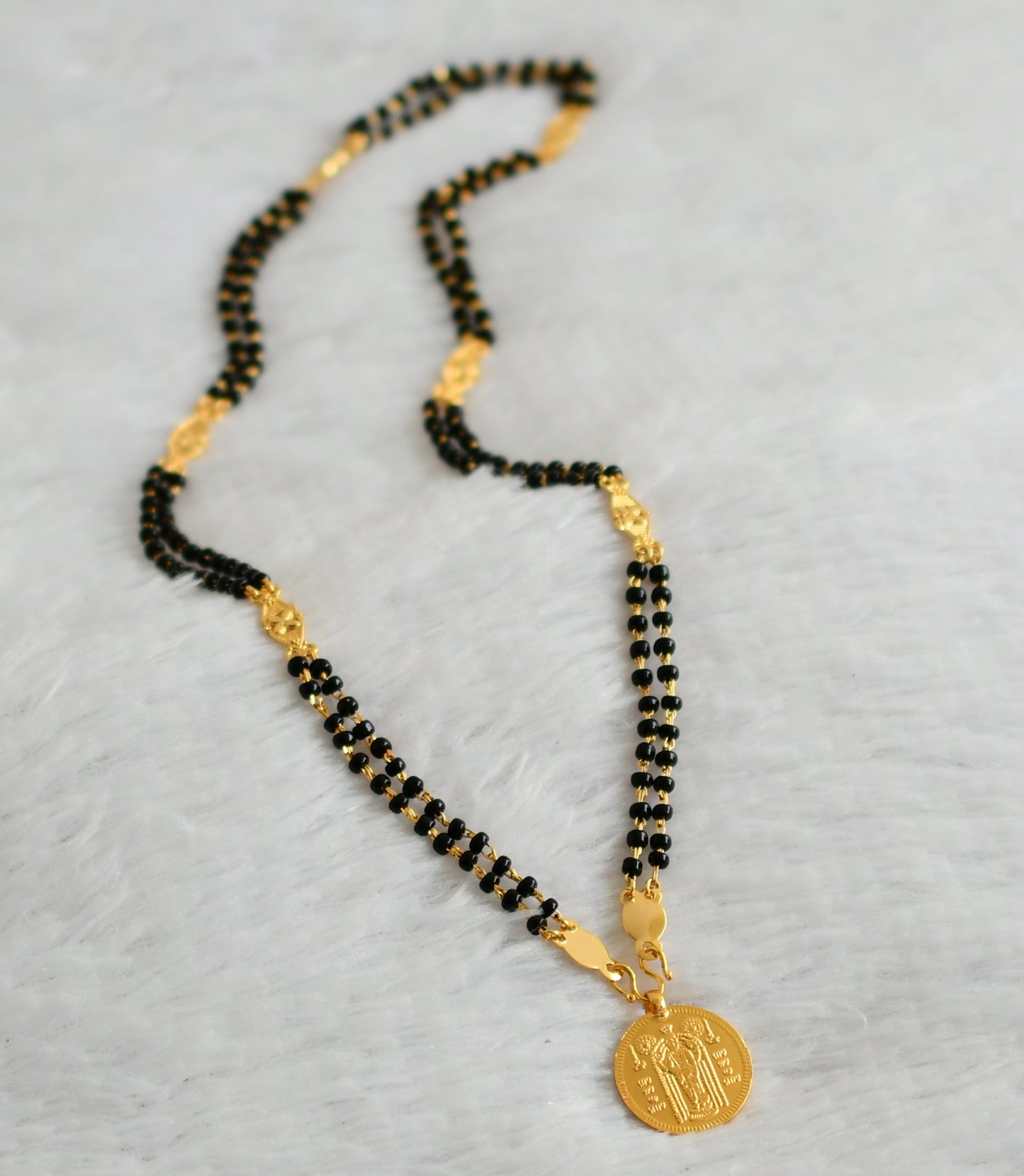 Gold tone 24 inches black karimani double layer chain with guruvayurappan coin pendant dj-46221