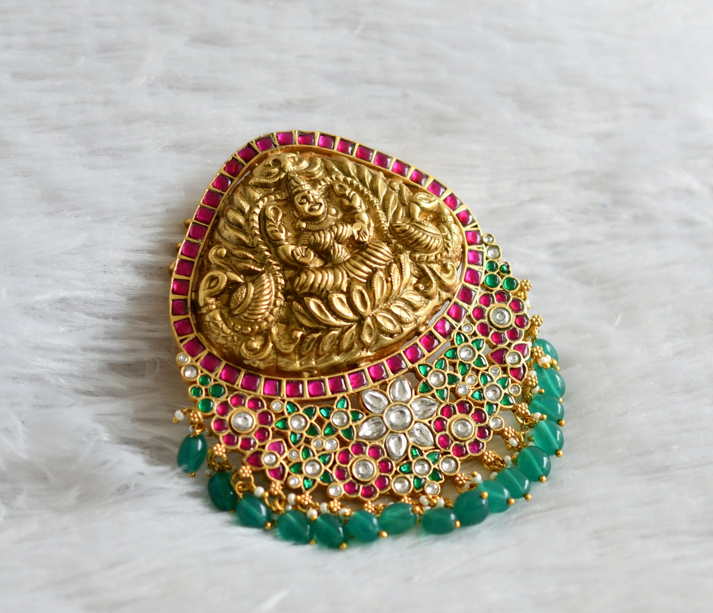 Antique gold tone pink-green-white green beaded kundan jadau maha lakshmi peacock pendant dj-47723