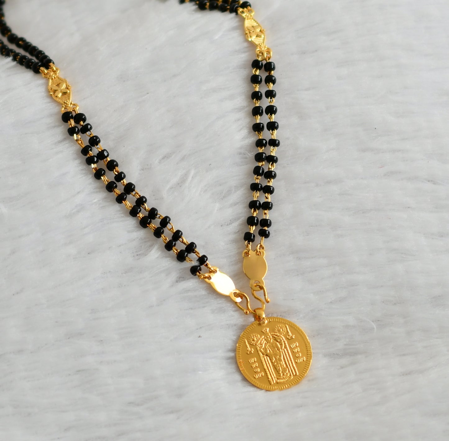 Gold tone 24 inches black karimani double layer chain with guruvayurappan coin pendant dj-46221