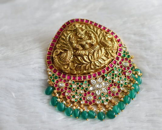 Antique gold tone pink-green-white green beaded kundan jadau maha lakshmi peacock pendant dj-47723