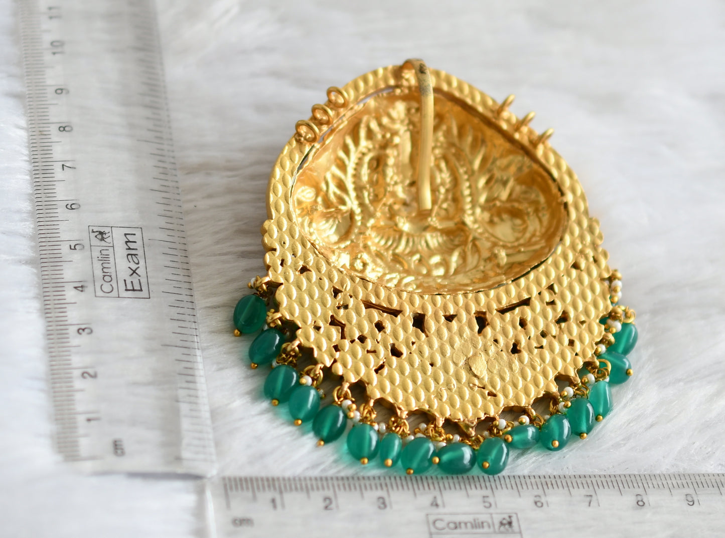 Antique gold tone pink-green-white green beaded kundan jadau maha lakshmi peacock pendant dj-47723