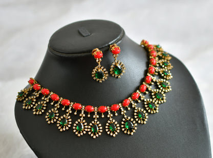 Matte finish coral-green-white stone thilak necklace set dj-47742