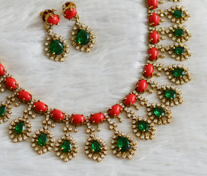 Matte finish coral-green-white stone thilak necklace set dj-47742