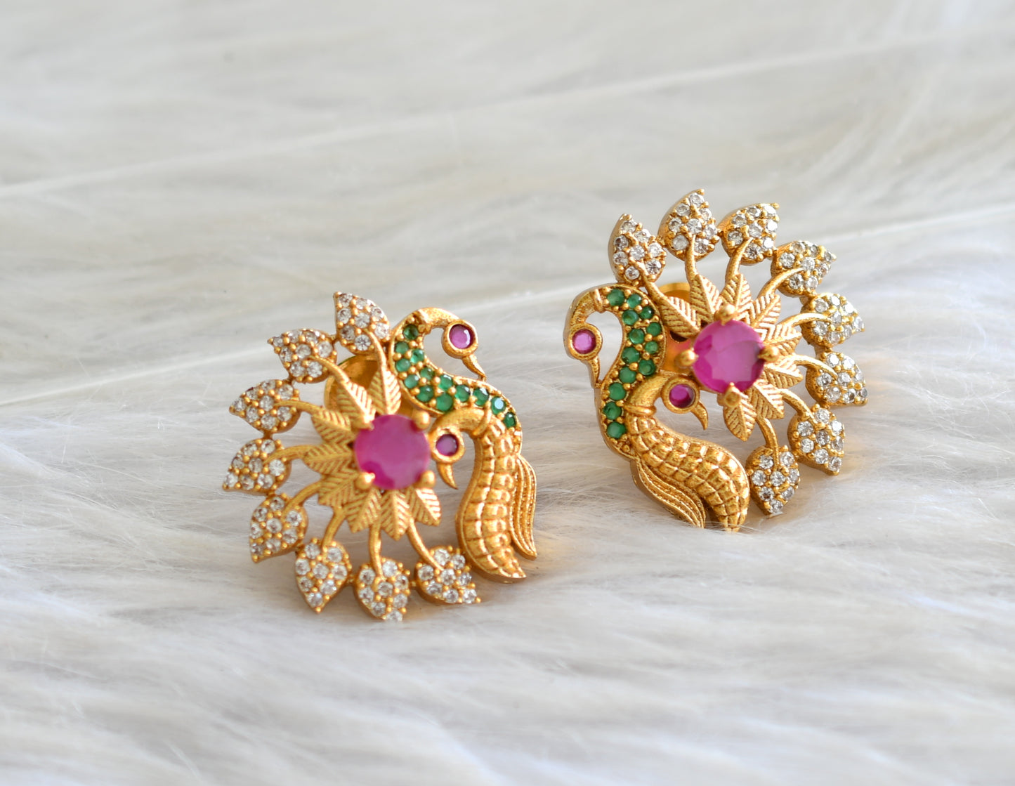 Matte finish cz white-ruby-eamrald peacock earrings dj-42879