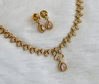 Matte finish cz white-baby pink flower necklace set dj-46124