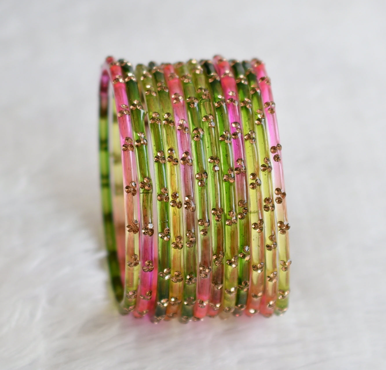 Set of 12 pastel pink-green-yellow glass bangles(2.6) dj-49659