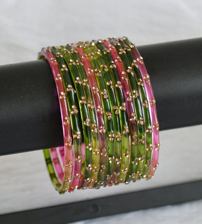 Set of 12 pastel pink-green-yellow glass bangles(2.4) dj49658