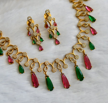 Matte finish cz magenta pink-green-white stone necklace set dj-46148
