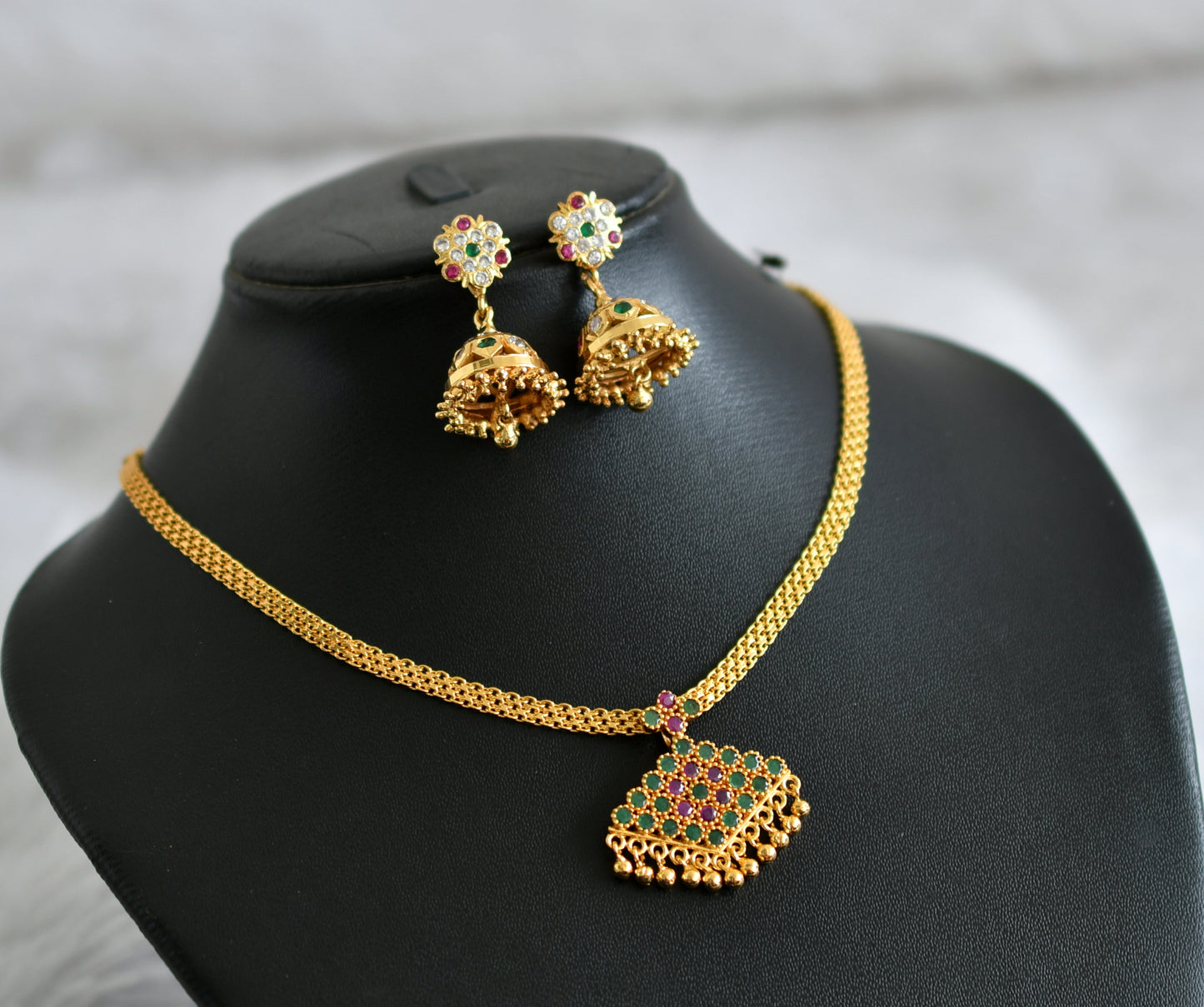 Gold tone ruby-green-white pathakkam necklace set dj-47761