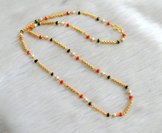 Gold tone 24 inches pearl-coral-black beaded chain dj-42891