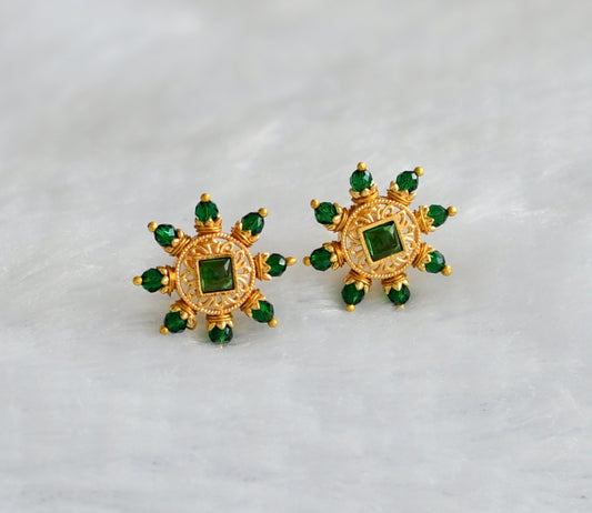 Gold tone green stone beaded round earrings dj-46166