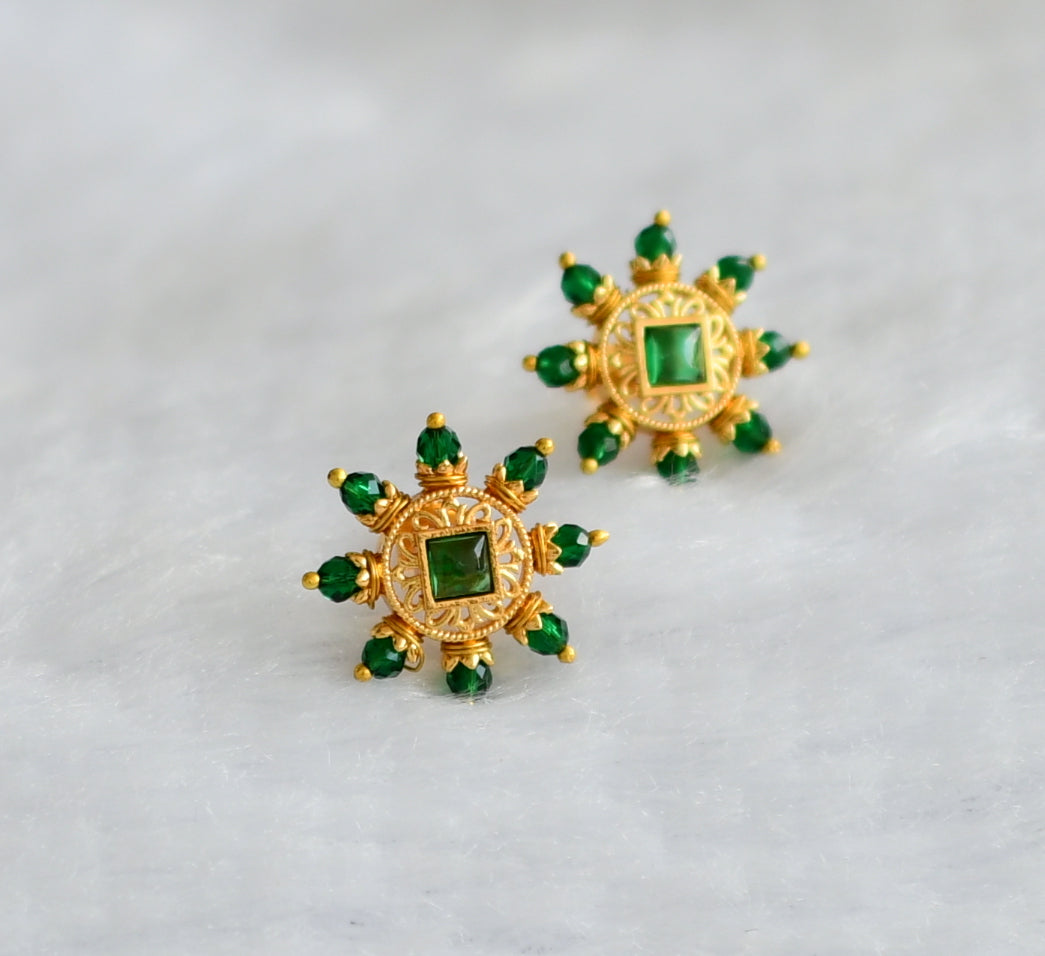 Gold tone green stone beaded round earrings dj-46166