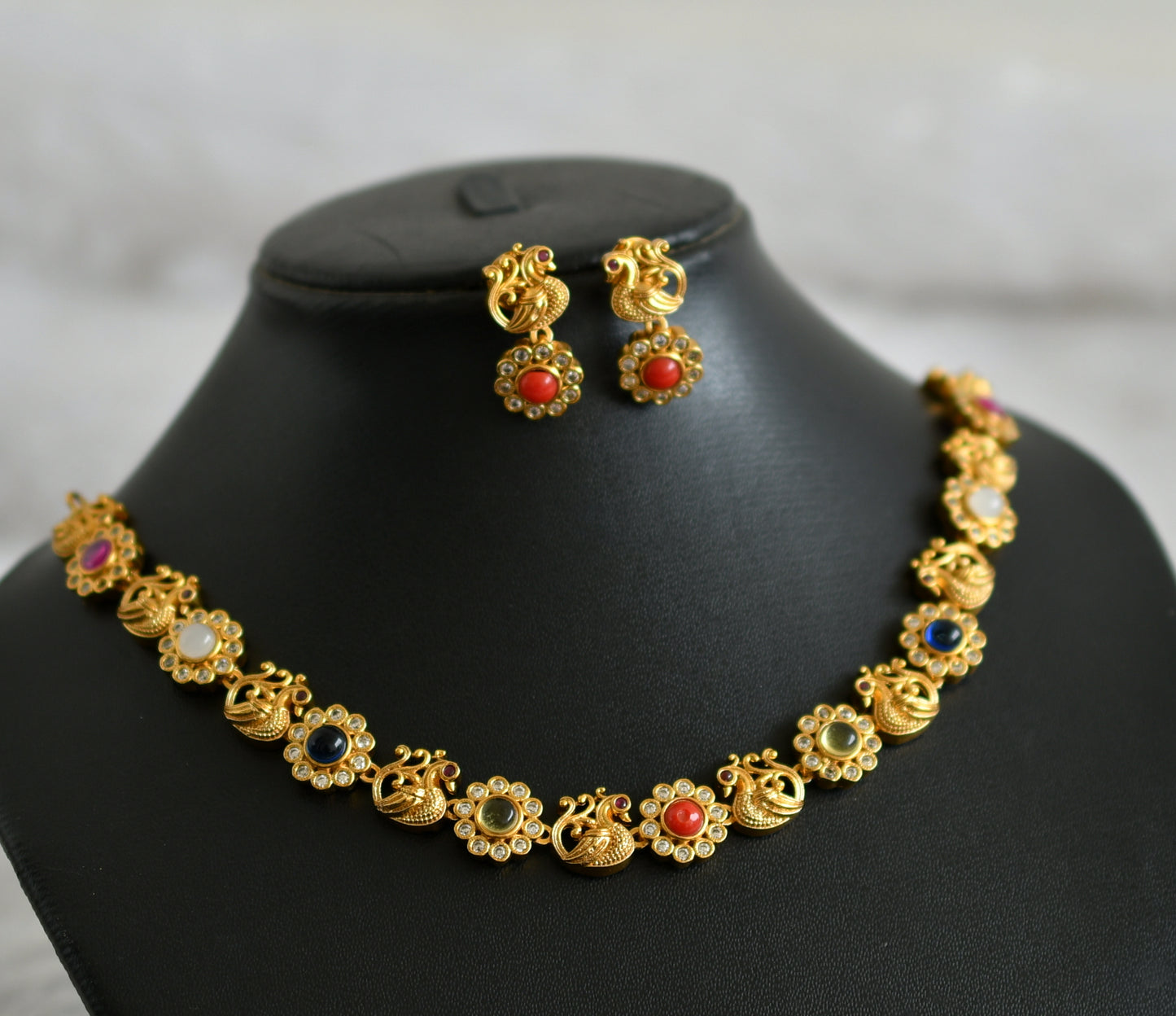 Matte finish cz navaratna stone peacock flower necklace set dj-47748