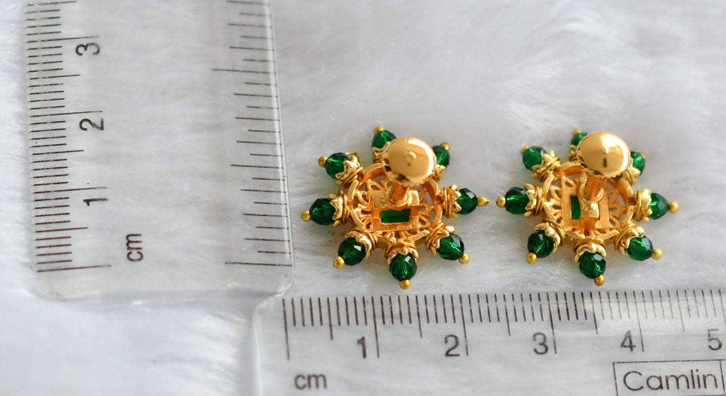 Gold tone green stone beaded round earrings dj-46166