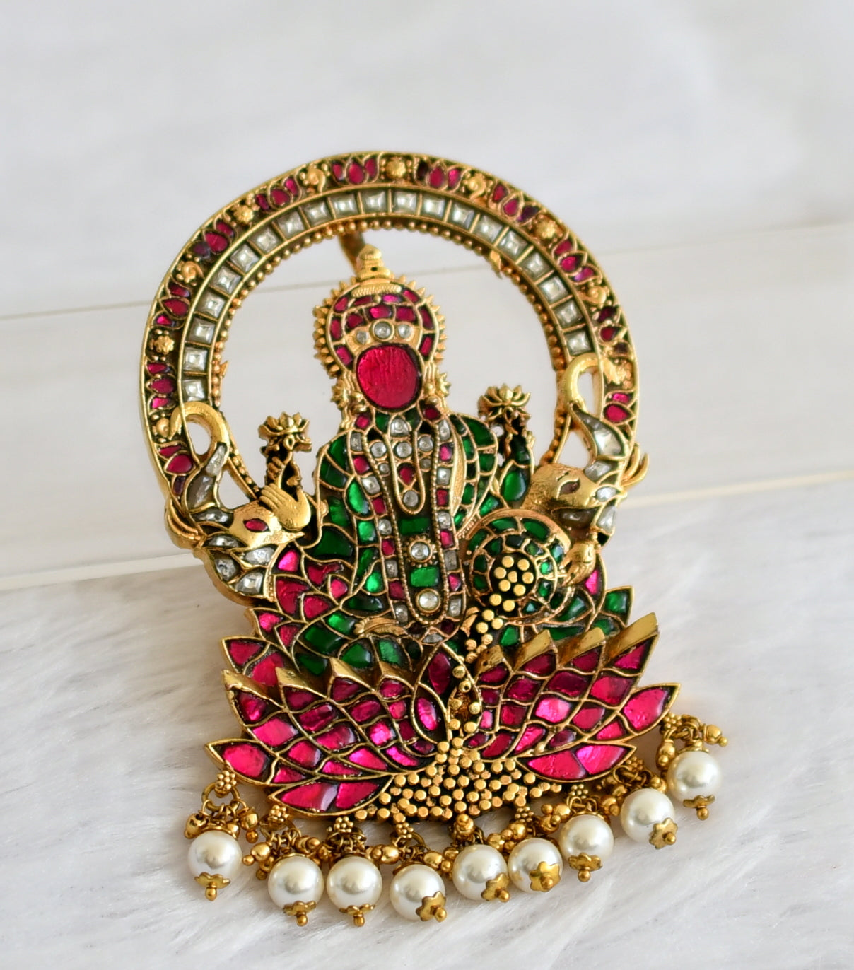 Gold tone pink-green-white kundan jadau gajalakshmi pearl beaded pendant dj-49691