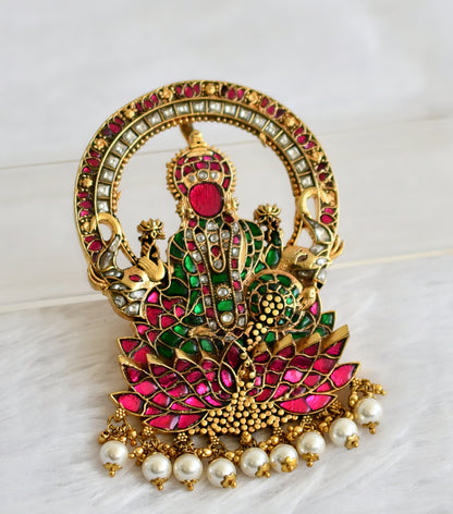 Gold tone pink-green-white kundan jadau gajalakshmi pearl beaded pendant dj-49691