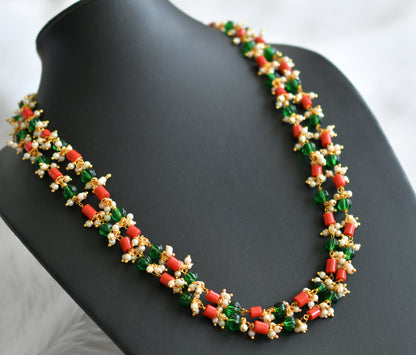 Gold tone coral-green pumpkin beaded pearl cluster double layer mala dj-44353