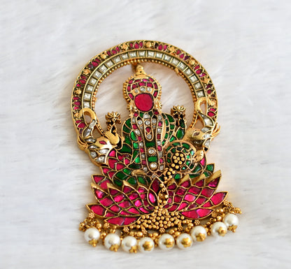 Gold tone pink-green-white kundan jadau gajalakshmi pearl beaded pendant dj-49691