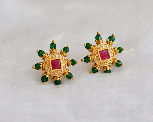 Gold tone pink stone green beaded round earrings dj-46164