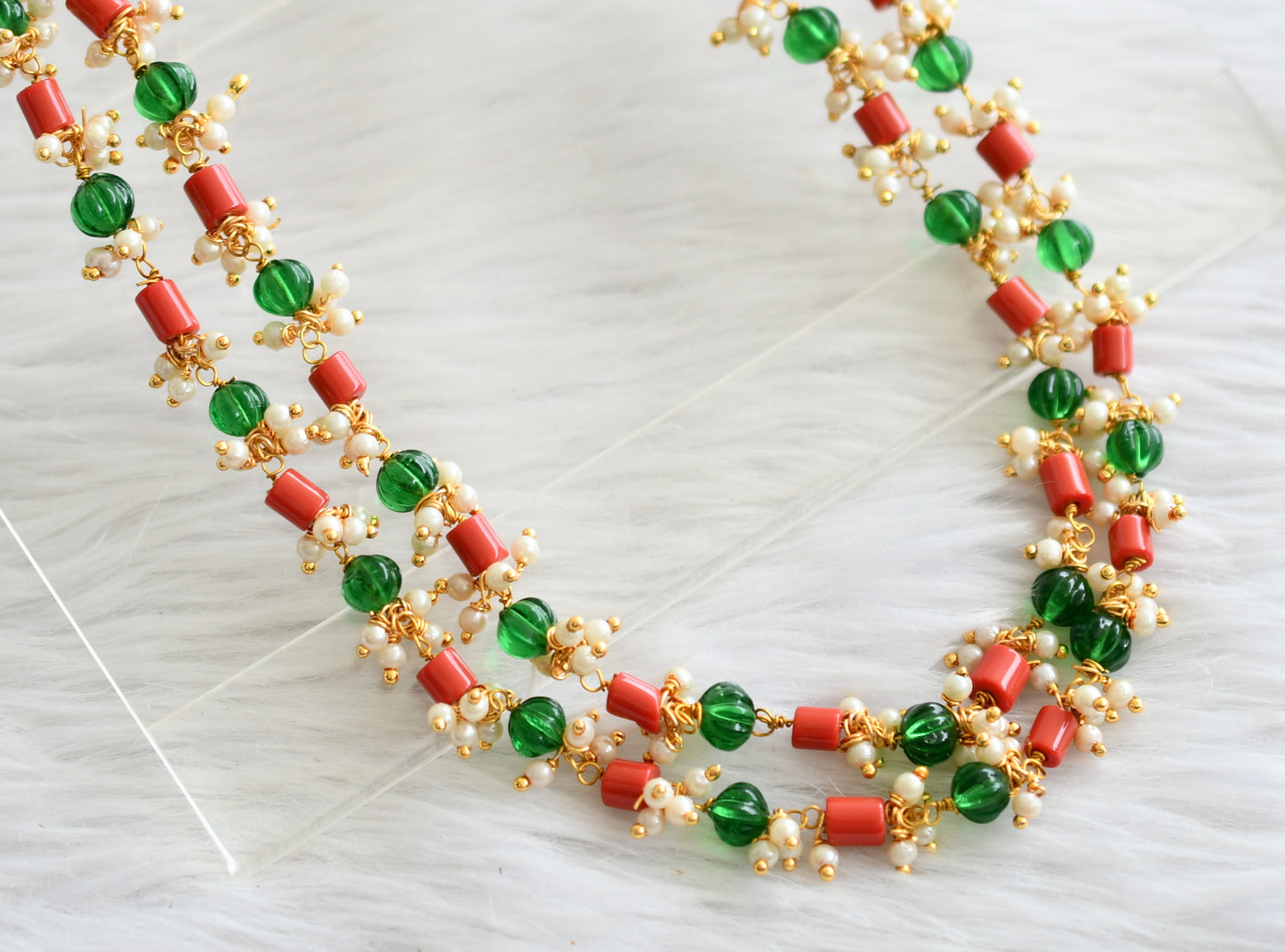 Gold tone coral-green pumpkin beaded pearl cluster double layer mala dj-44353