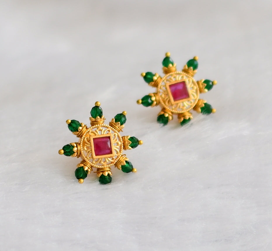 Gold tone pink stone green beaded round earrings dj-46164