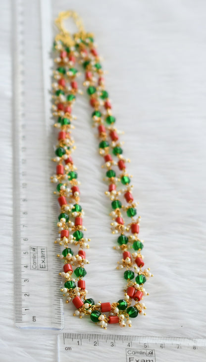 Gold tone coral-green pumpkin beaded pearl cluster double layer mala dj-44353