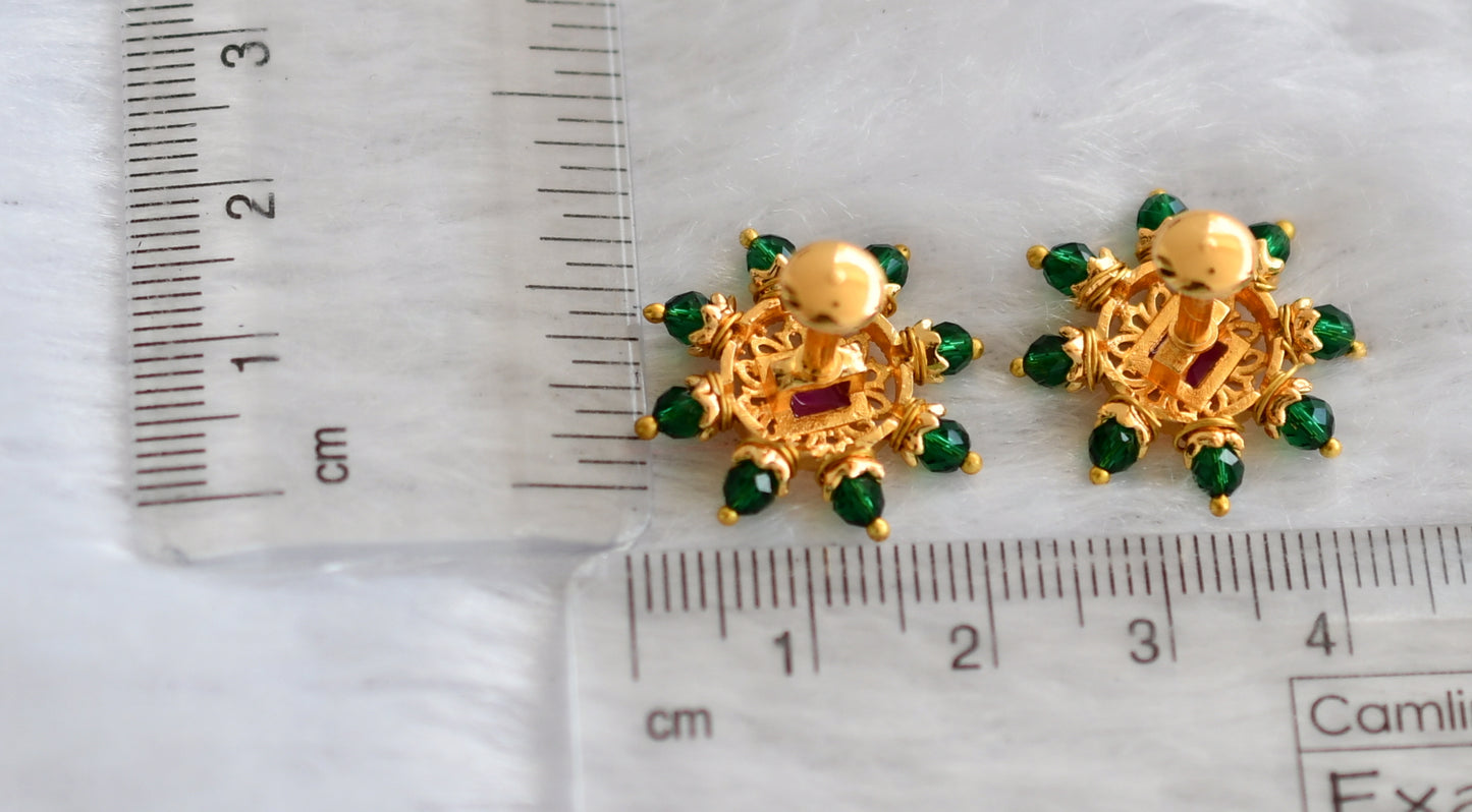 Gold tone pink stone green beaded round earrings dj-46164