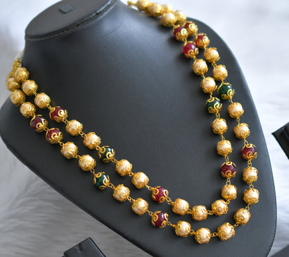 Gold tone ruby-green agate gold pearl beaded double layer mala dj-44356