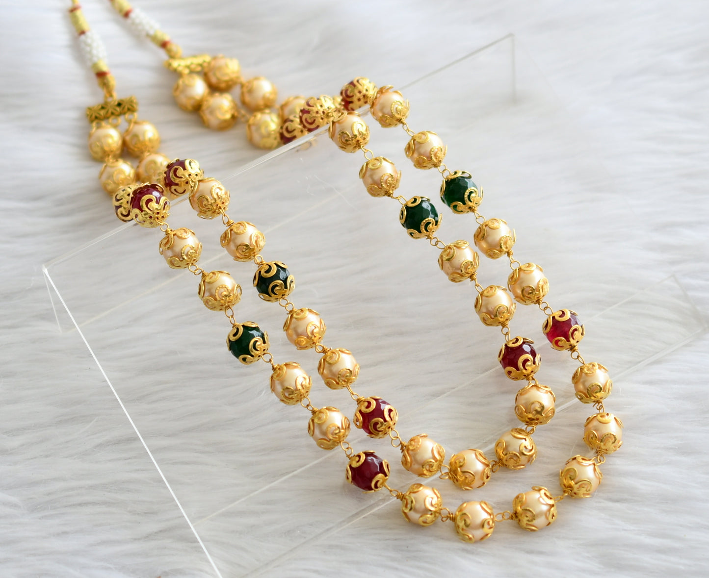 Gold tone ruby-green agate gold pearl beaded double layer mala dj-44356