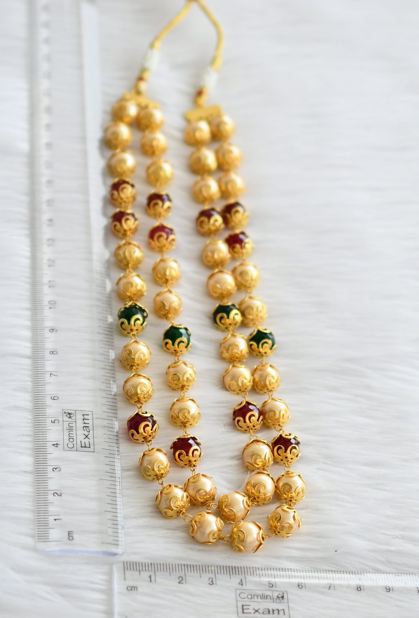 Gold tone ruby-green agate gold pearl beaded double layer mala dj-44356