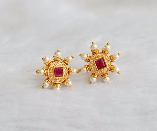 Gold tone pink stone pearl beaded round stud/earrings dj-46167