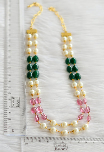 Gold tone pearl-green-pink beaded double layer mala dj-44354