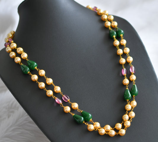 Gold tone pink-green-gold pearl double layer mala dj-44355