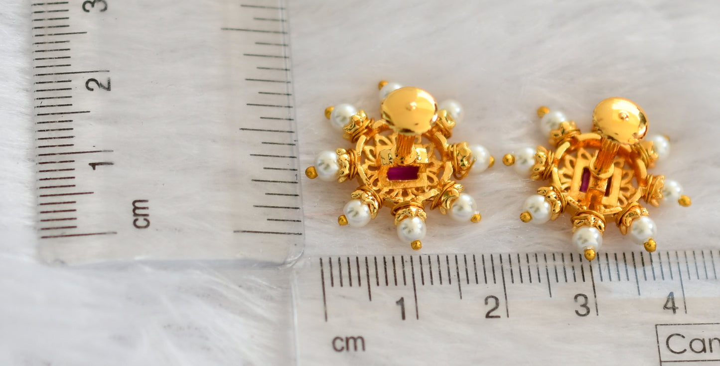 Gold tone pink stone pearl beaded round stud/earrings dj-46167