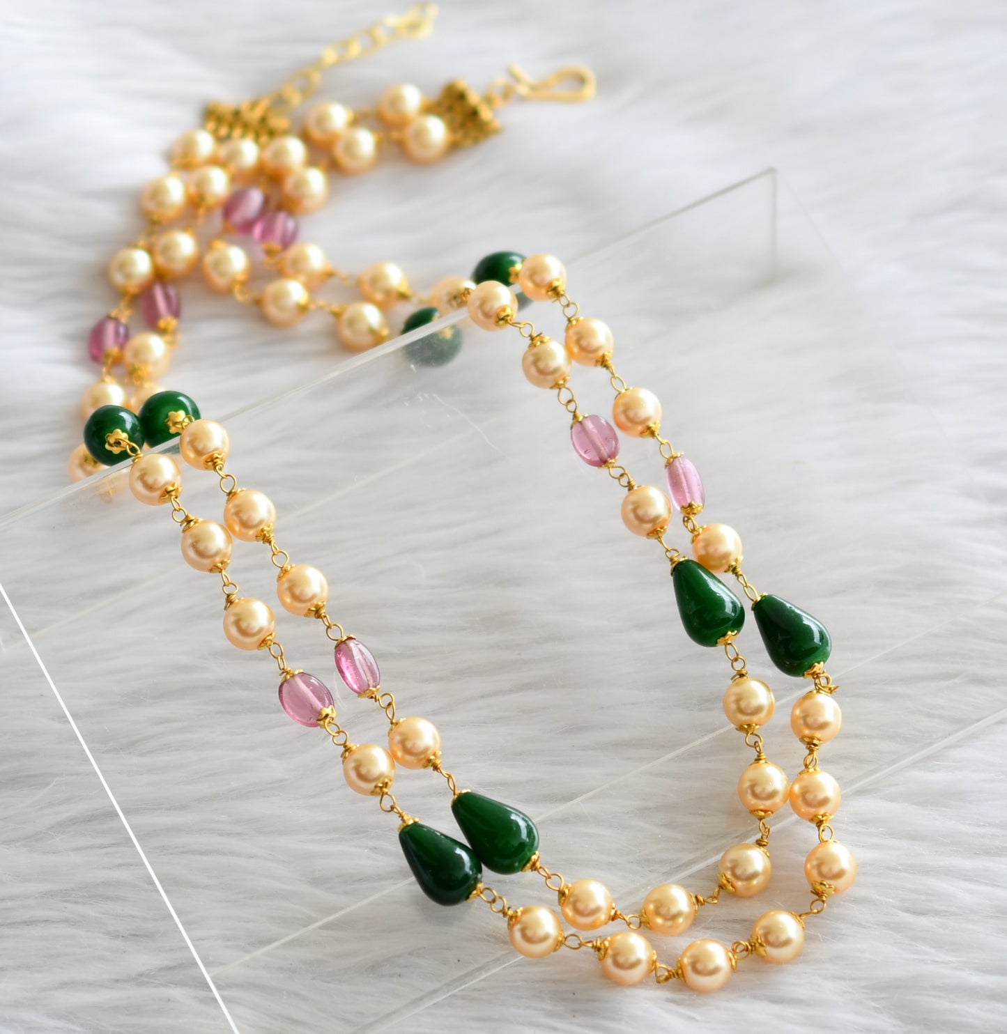 Gold tone pink-green-gold pearl double layer mala dj-44355