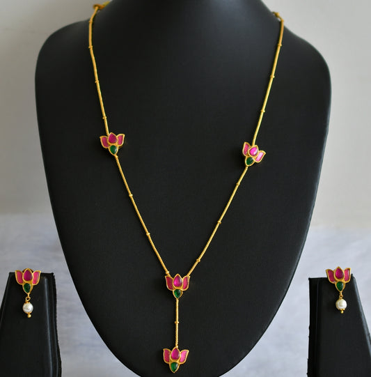 Gold tone pink-green Lotus Kundan Jadau necklace set dj-43205