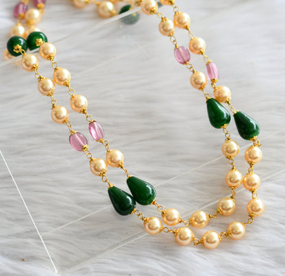 Gold tone pink-green-gold pearl double layer mala dj-44355