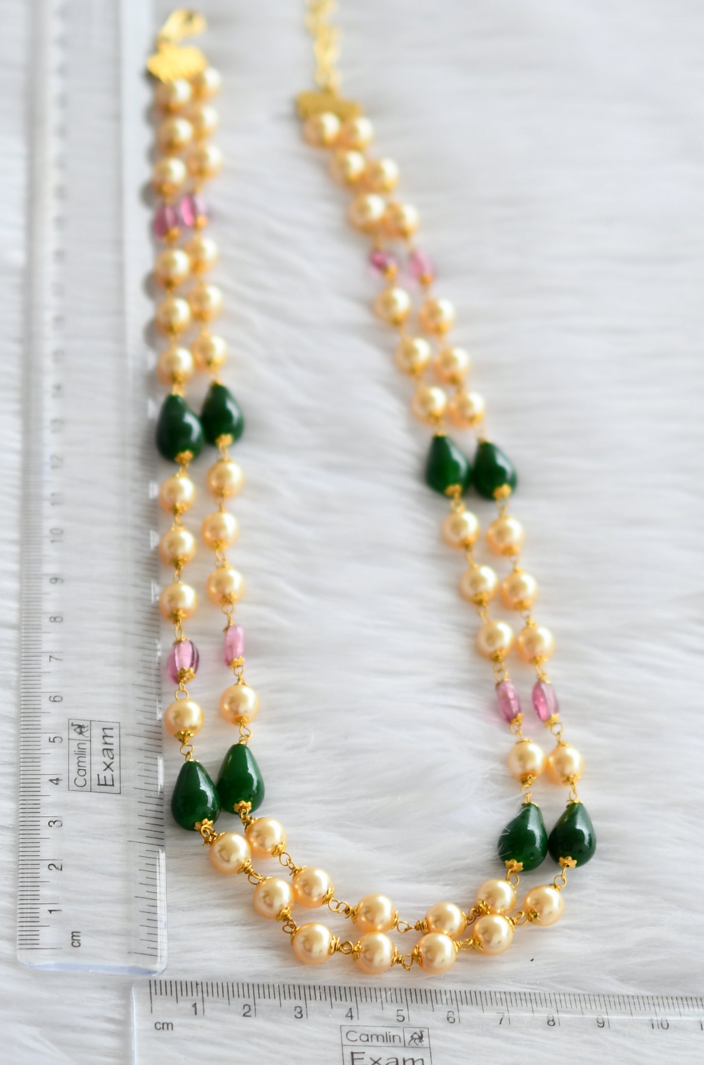 Gold tone pink-green-gold pearl double layer mala dj-44355