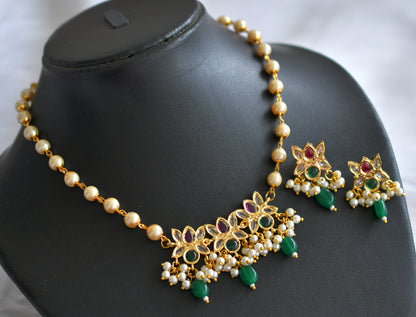 Gold tone kemp-green-white cluster green bead lotus necklace set dj-44357