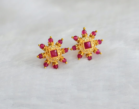 Gold tone pink stone beaded round earrings dj-46163