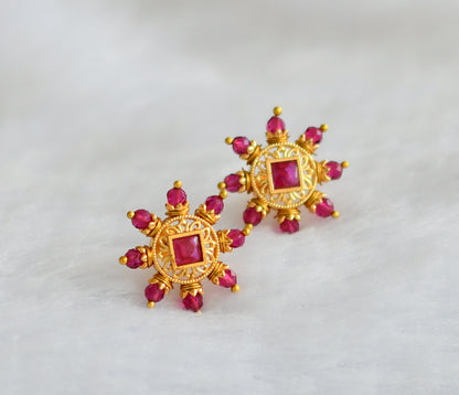 Gold tone pink stone beaded round earrings dj-46163