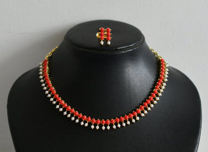 Gold tone pearl-coral necklace set dj-43569