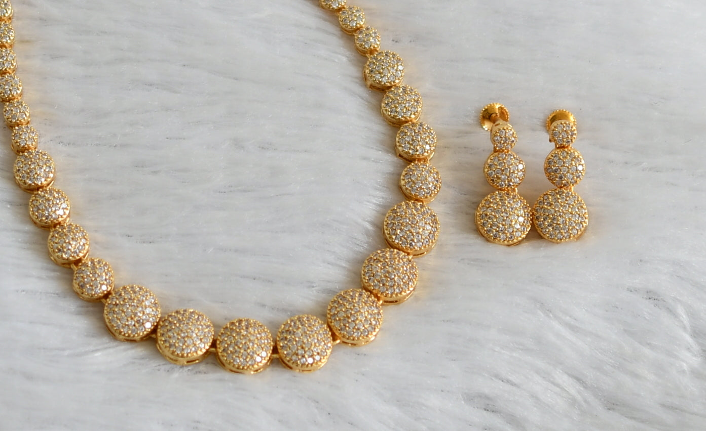 Gold tone cz white stone round necklace set dj-47752