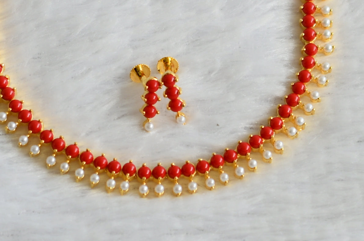 Gold tone pearl-coral necklace set dj-43569