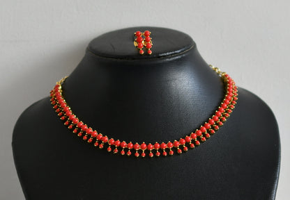 Gold tone coral stone necklace set dj-45757