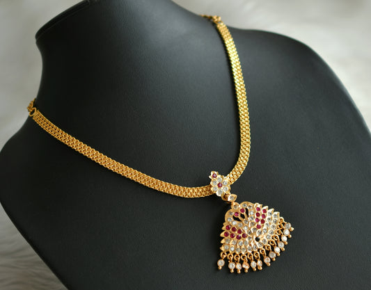 Gold tone cz pink-green swan south Indian style attigai/necklace dj-32275