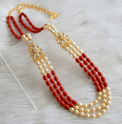 Gold tone coral-pearl beaded white stone multi layer double side mugappu necklace dj-44362