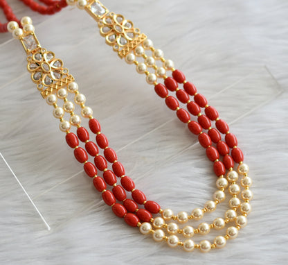 Gold tone coral-pearl beaded white stone multi layer double side mugappu necklace dj-44362